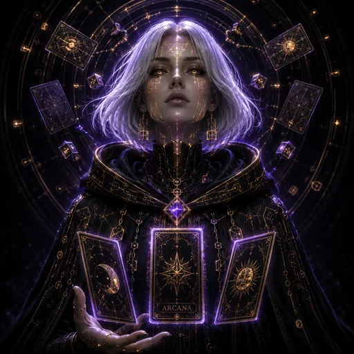 Arkana, the oracle, holding a ring of cards in violet light